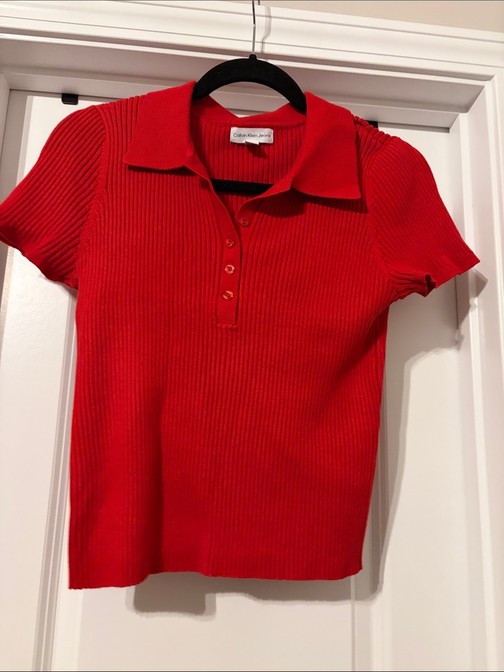 Calvin Klein Jeans Bright Red Ribbed Polo Knit Tee